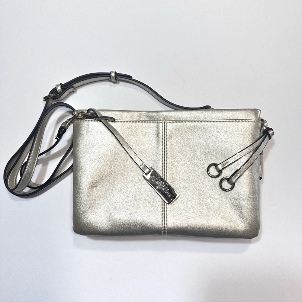 Libby Edelman Crossbody Purse Handbag Gold Metallic Tone Multiple Pockets